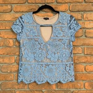 Express Lace Floral Keyhole Top Womens‎ Size XS Blouse Short Sleeve Blue Floral